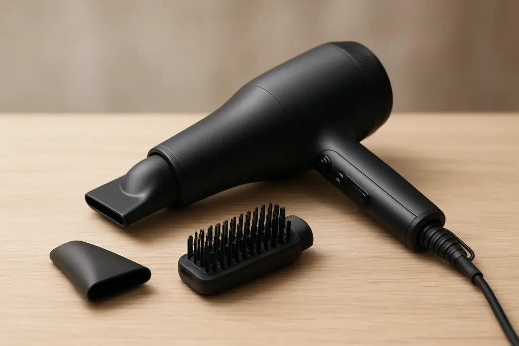 Sèche-cheveux Shark avec ses embouts interchangeables, présenté en vue produit sur fond neutre.