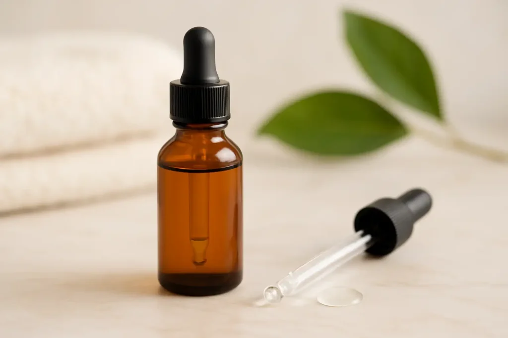 Flacon de sérum visage en verre ambré avec quelques gouttes de produit, sur fond clair et élégant