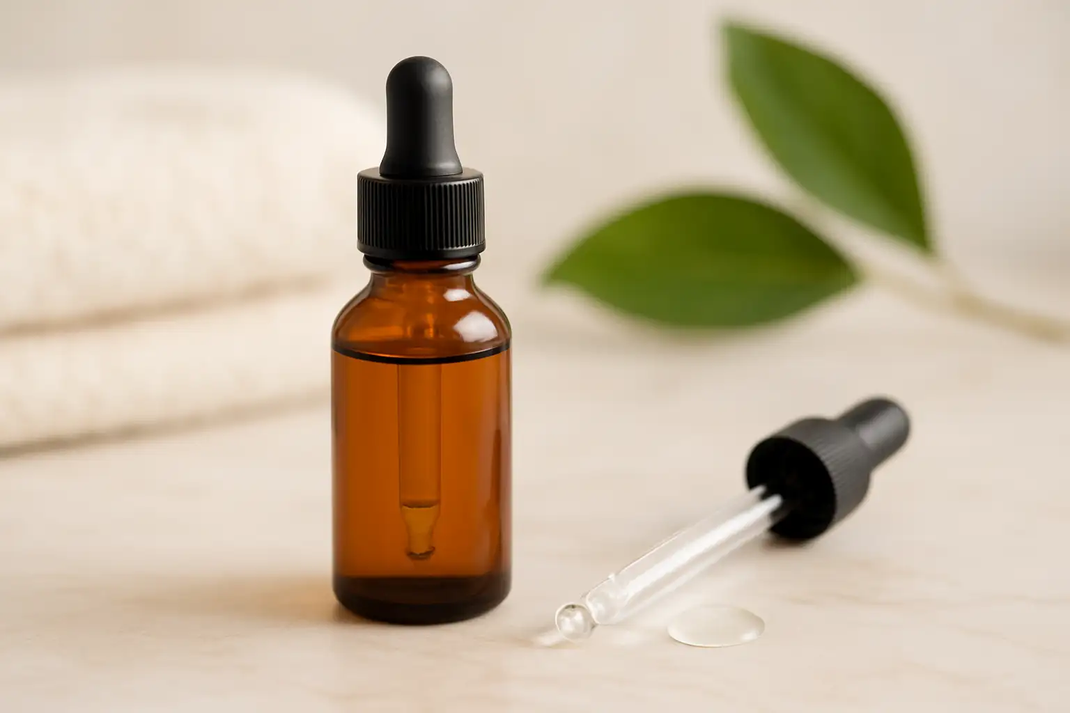Flacon de sérum visage en verre ambré avec quelques gouttes de produit, sur fond clair et élégant