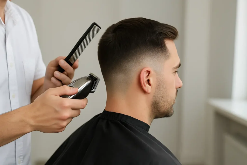 Homme avec une coupe mid taper chez le barbier, dégradé progressif à mi-hauteur et contours nets