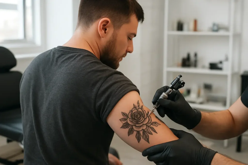 Un homme montre un tatouage sur l’avant-bras dans un studio de tatouage moderne
