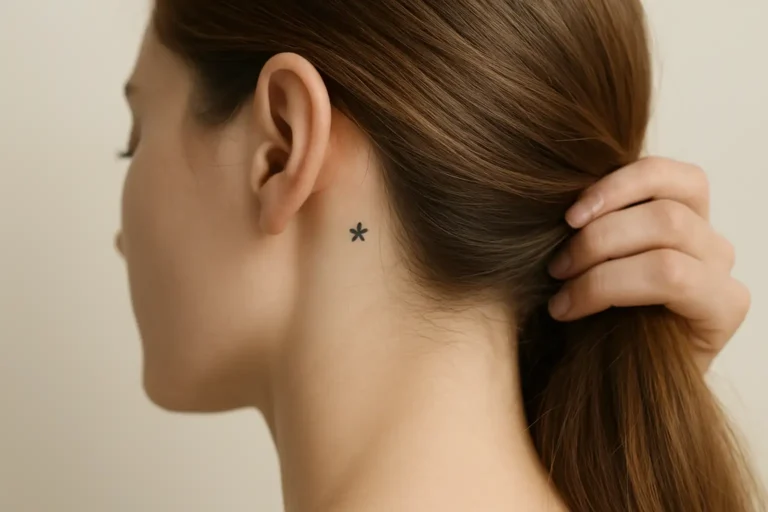 Gros plan d’un micro-tatouage discret derrière l’oreille gauche sur peau claire