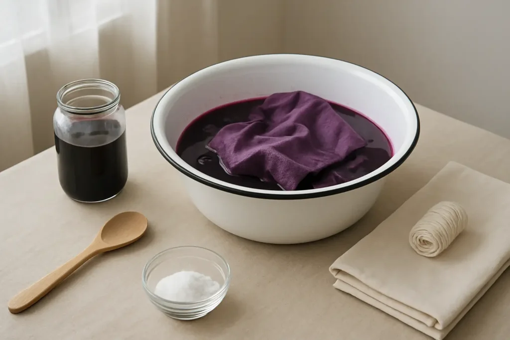 Vêtement en cours de teinture dans une bassine avec bain de teinture textile