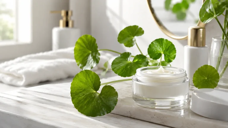 Pot de crème à la Centella asiatica posé dans une salle de bain lumineuse avec feuilles vertes et accessoires de soin