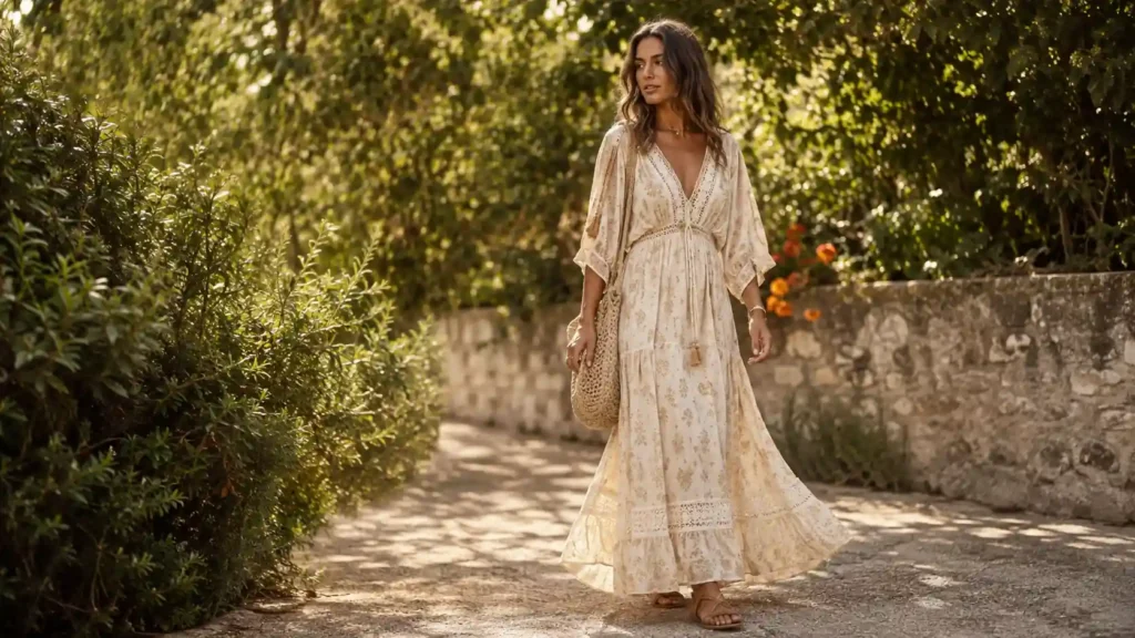 Femme portant une robe bohème chic crème sur un chemin ensoleillé entouré de verdure