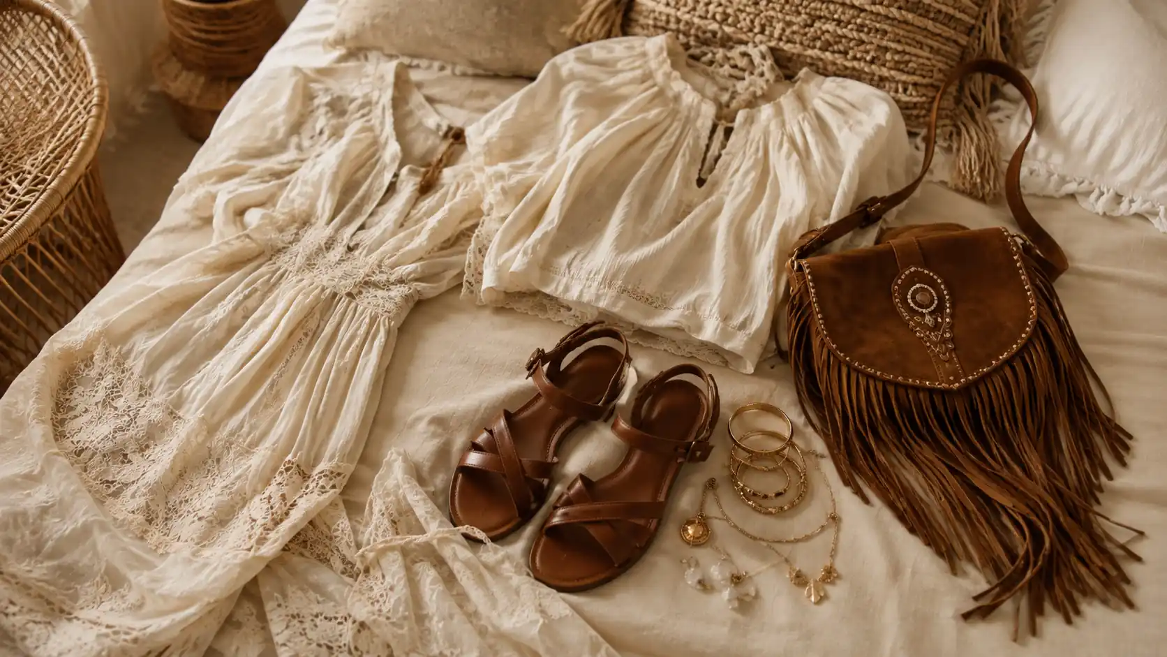 Sélection de vêtements et accessoires bohème chic avec robe en dentelle, blouse, sandales et sac à franges