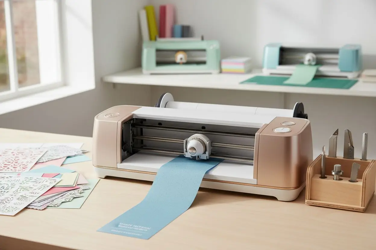 Machine de découpe Cricut sur une table de loisirs créatifs avec papier bleu, motifs découpés et accessoires