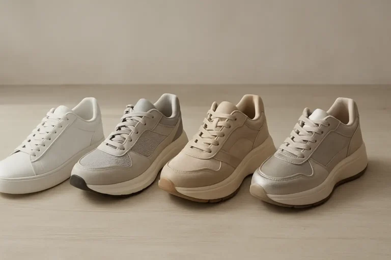 Quatre paires de sneakers tendance 2025, rétro, running, compensées et métallisées, posées sur un sol clair