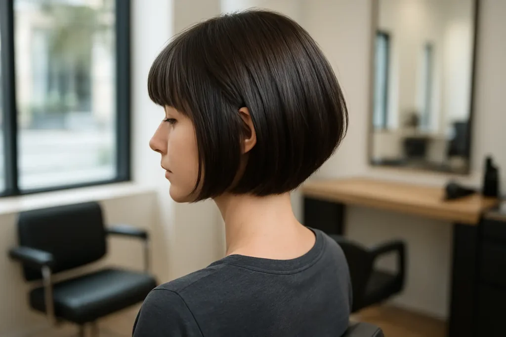 Femme de trois-quarts dos avec un carré court dégradé effilé avec frange dans un salon de coiffure