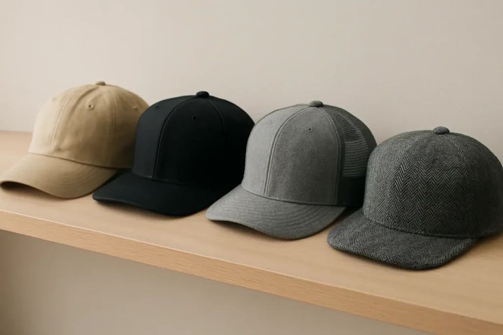 Quatre casquettes homme tendance posées côte à côte : dad hat beige, snapback noire, trucker grise et casquette plate en laine.