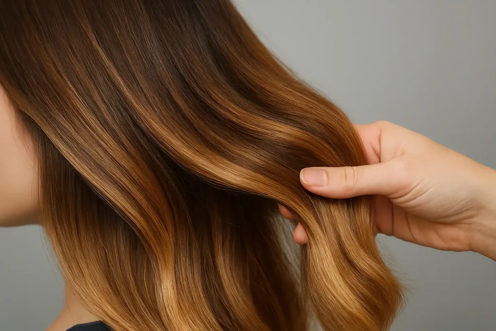 Mèche de cheveux châtain moyen avec balayage miel et caramel, tenue par une main de coiffeur