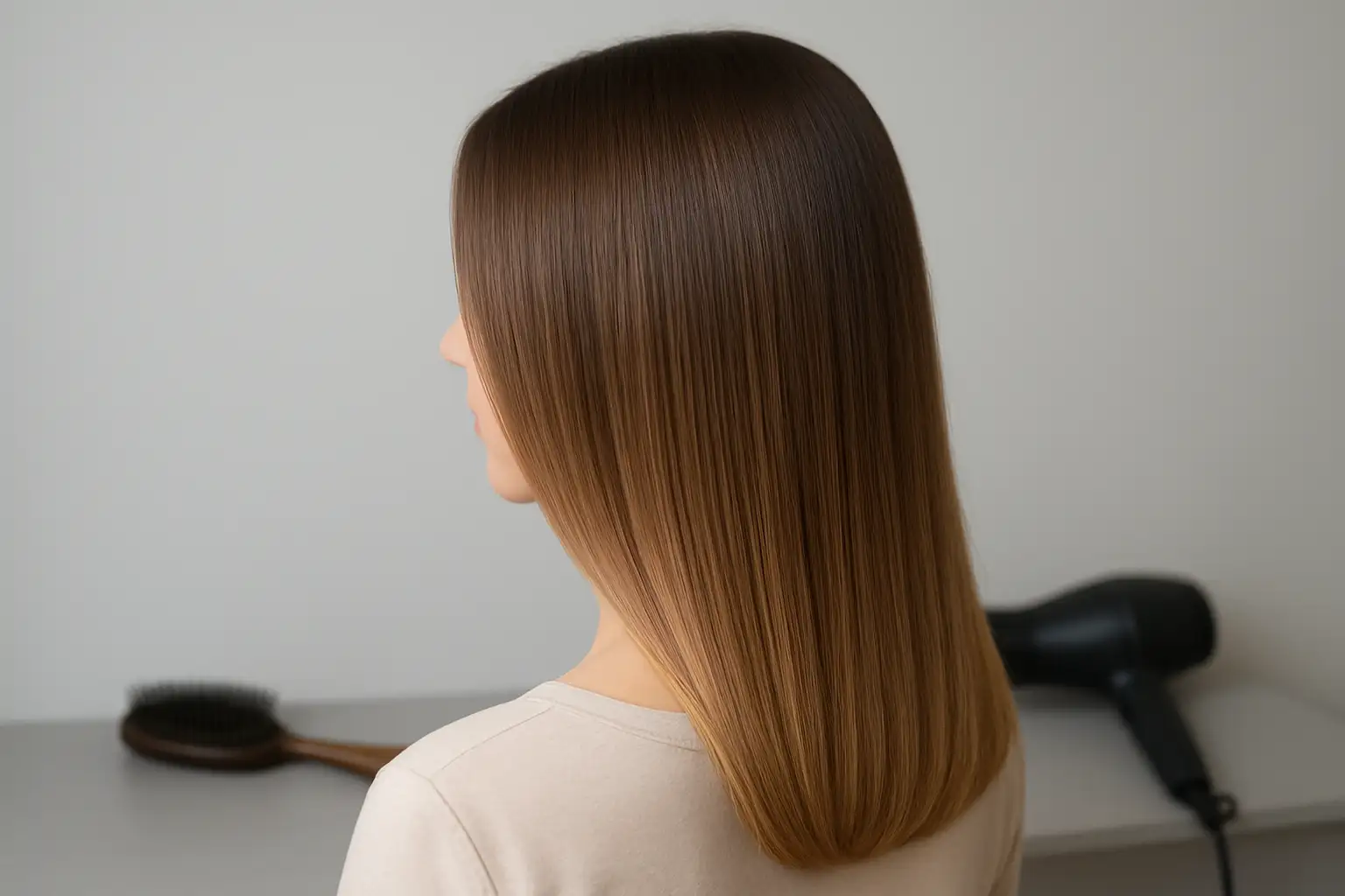 Chevelure féminine mi-longue dégradée et lissée au brushing