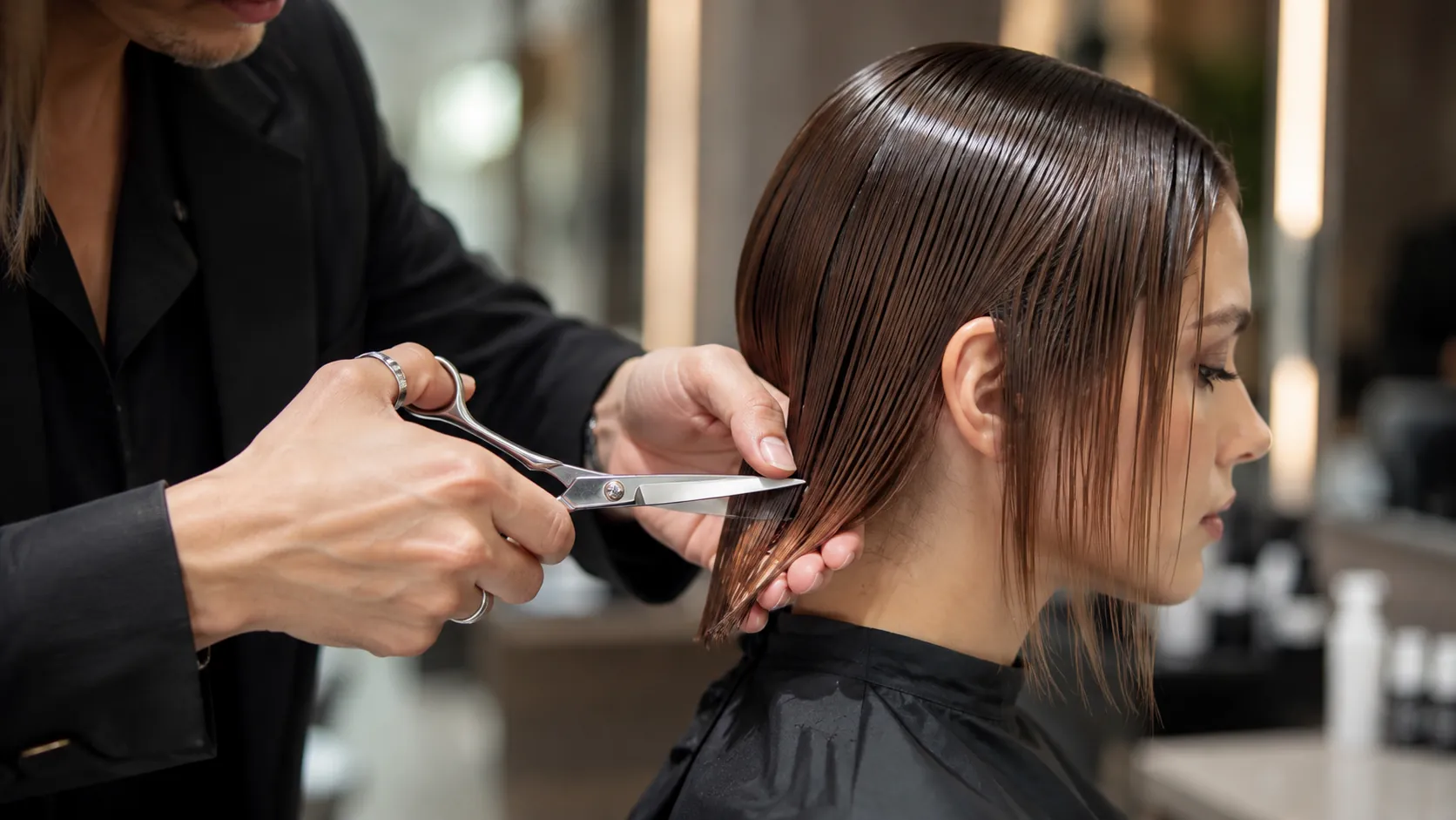Coiffeur réalisant une coupe de cheveux précise au ciseau dans un salon professionnel