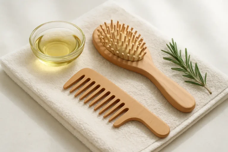Serviette claire avec huile végétale, brosse en bois et peigne à dents larges pour illustrer les soins capillaires