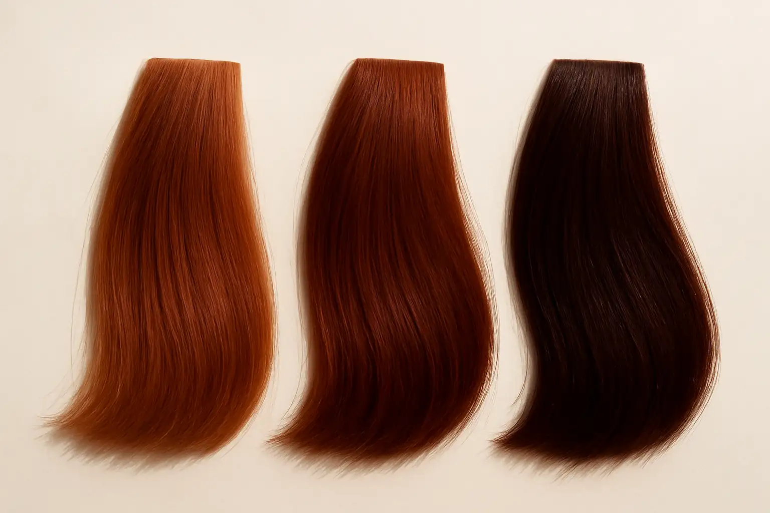 Trois mèches de cheveux montrant la couleur auburn clair, moyen et profond sur fond neutre