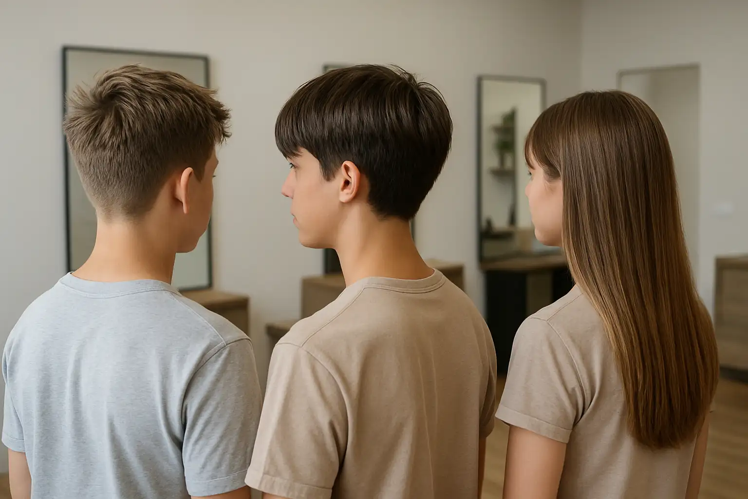 Trois coupes ado tendance montrées de dos : courte texturée, dégradé mi-long avec frange et coupe longue effilée