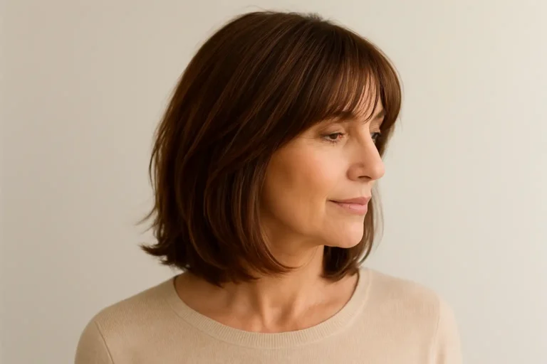 Femme de 60 ans avec une coupe mi-longue dégradée et effilée, frange rideau ouverte