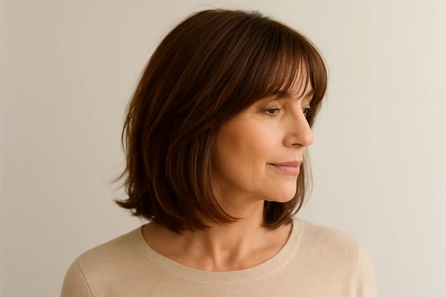 Femme de 60 ans avec une coupe mi-longue dégradée et effilée, frange rideau ouverte