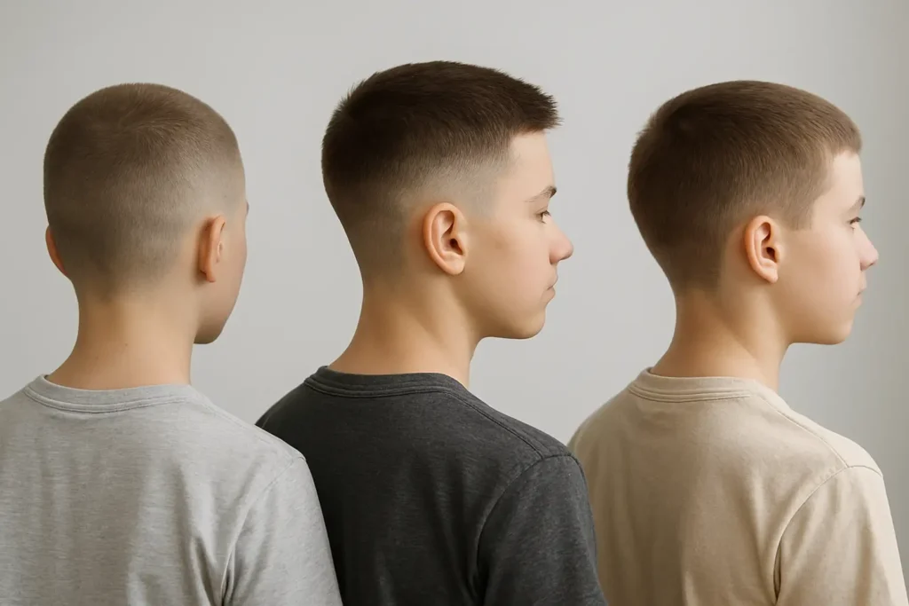 Trois garçons présentant différentes coupes courtes : buzz cut, dégradé court et coupe uniforme.