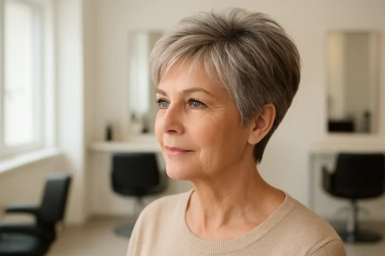 Femme de 60 ans avec une coupe courte dégradée moderne et naturelle