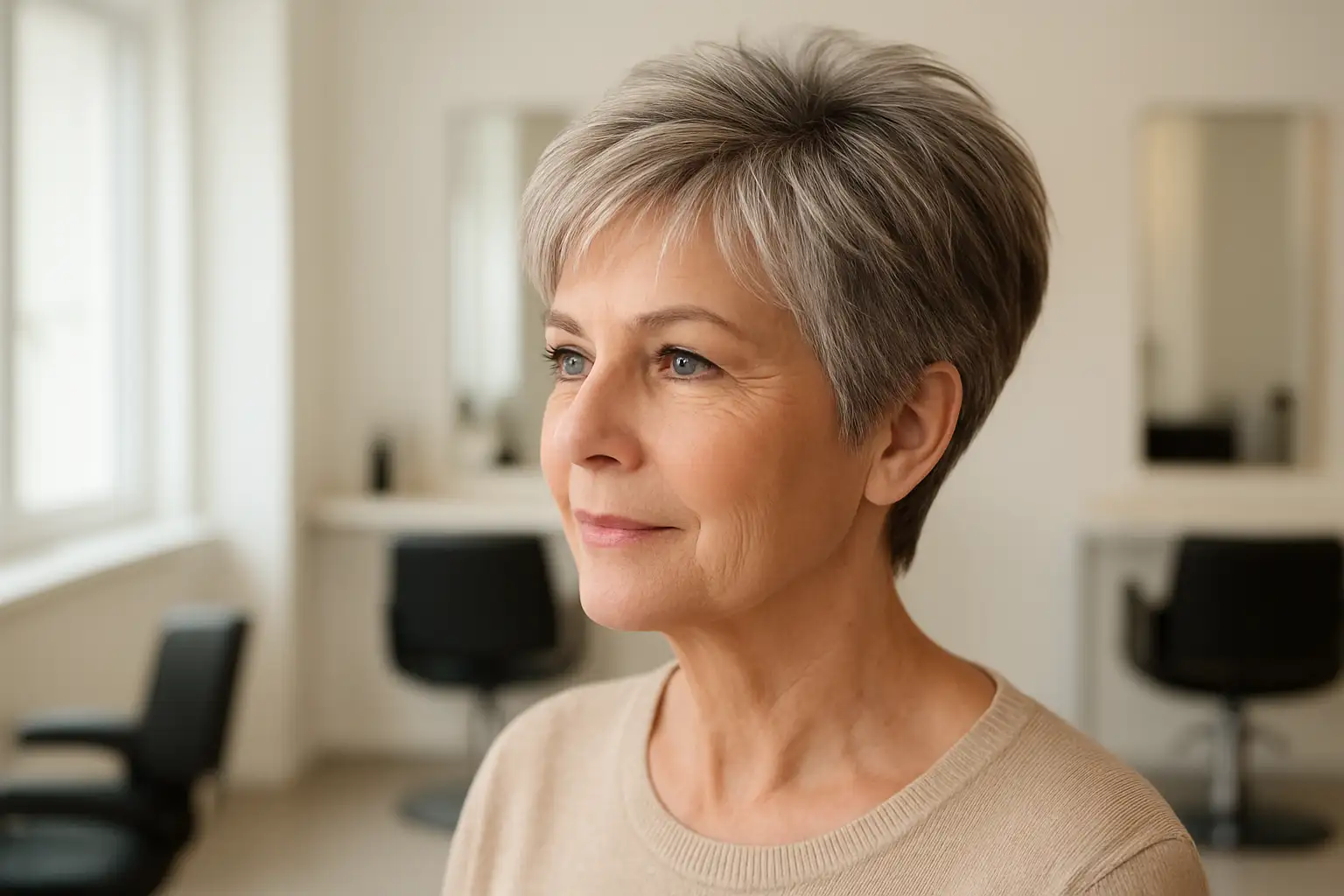 Femme de 60 ans avec une coupe courte dégradée moderne et naturelle