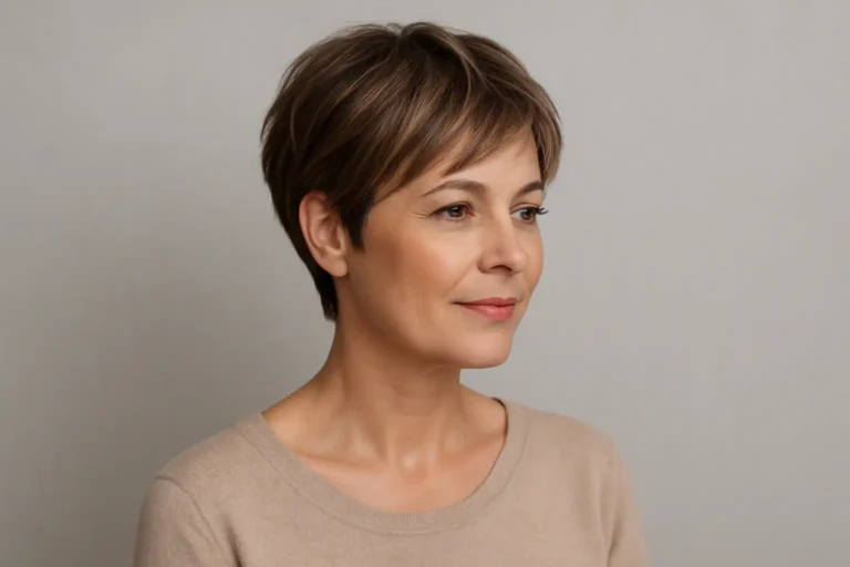Femme de 50 ans avec une coupe courte effilée moderne vue de profil