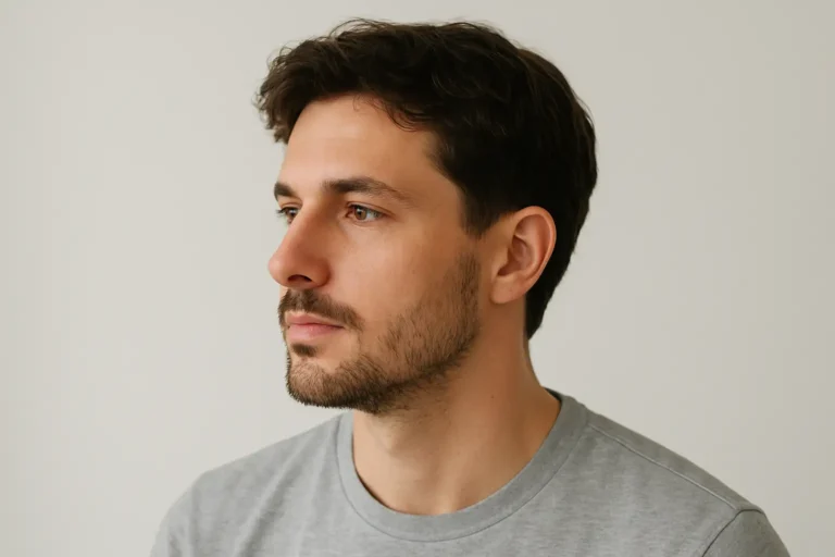 Homme avec une coupe de cheveux mi-longue dégradée, vue de trois quarts, texture ondulée et fondu moyen sur les côtés.