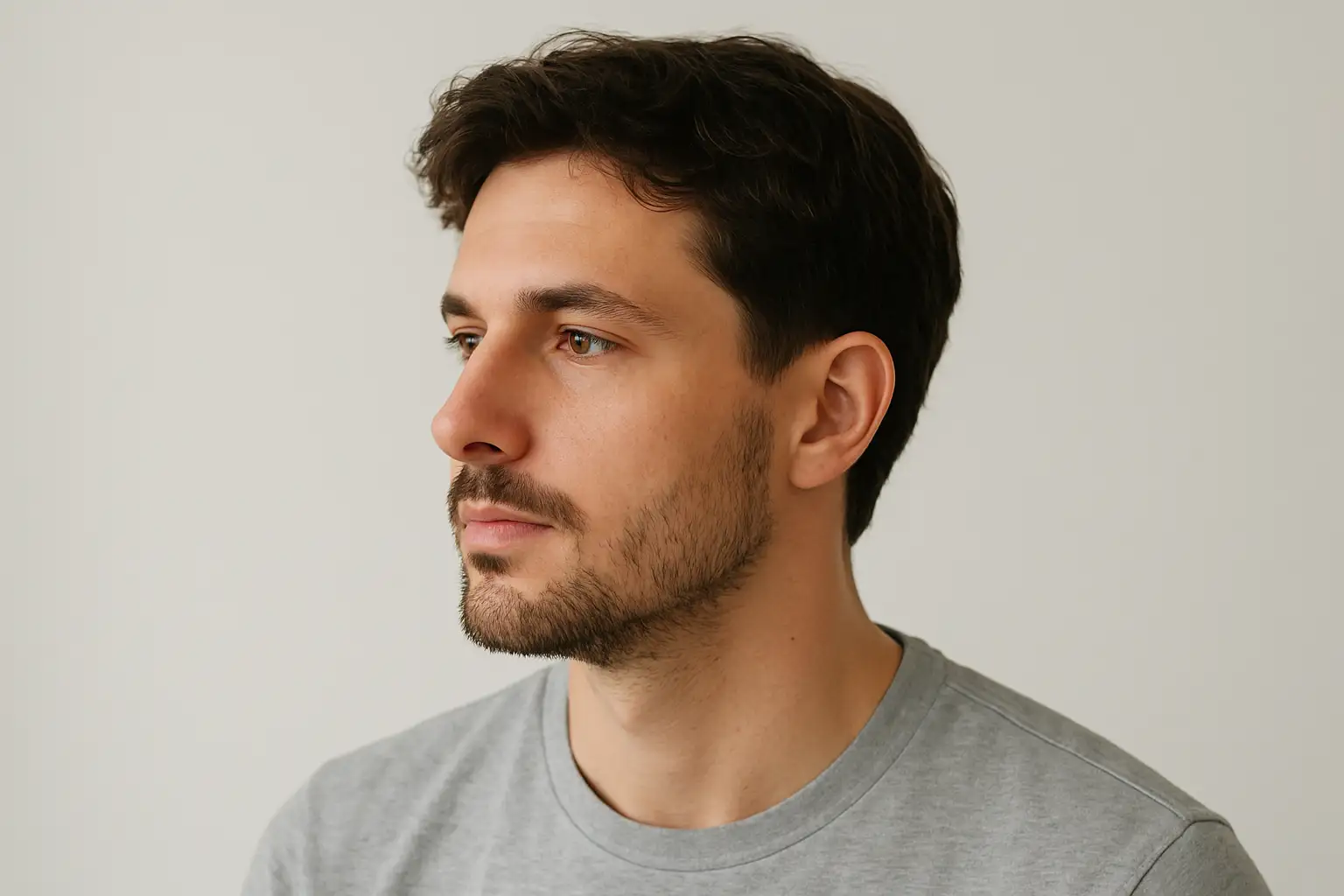 Homme avec une coupe de cheveux mi-longue dégradée, vue de trois quarts, texture ondulée et fondu moyen sur les côtés.