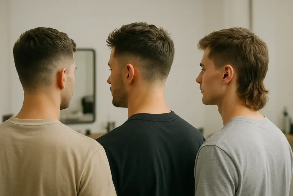 Trois coupes tendance homme vues de dos et de profil : French crop texturé, mid fade texturé et mulet moderne