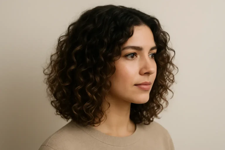 Femme aux cheveux bouclés mi-longs avec un dégradé léger et des boucles définies