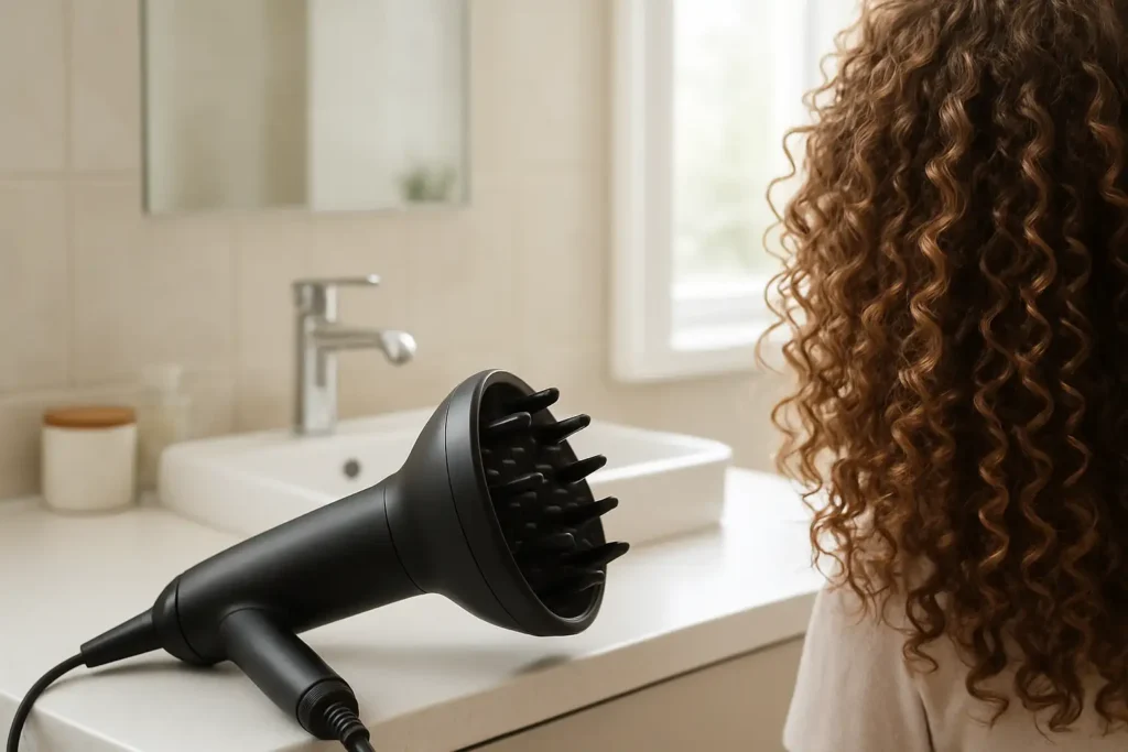 Sèche-cheveux équipé d’un diffuseur pour cheveux bouclés dans une salle de bain lumineuse