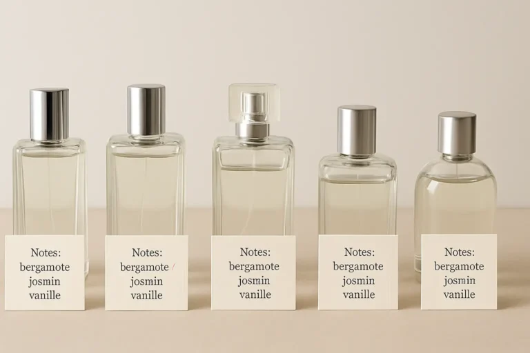Flacons de parfums génériques alignés avec des cartes indiquant des notes olfactives