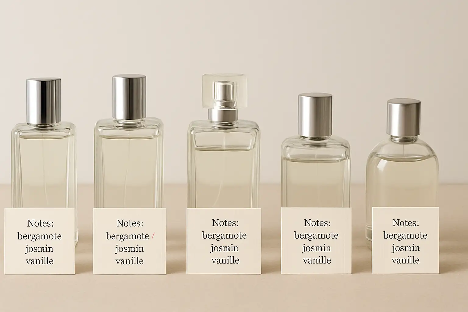 Flacons de parfums génériques alignés avec des cartes indiquant des notes olfactives