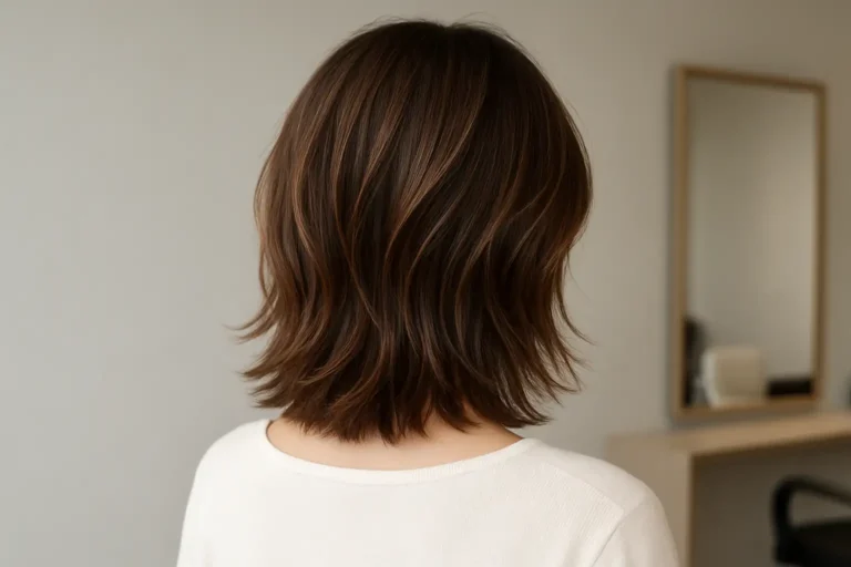 Femme aux cheveux mi-longs dégradés et effilés, coupe texturée et naturelle