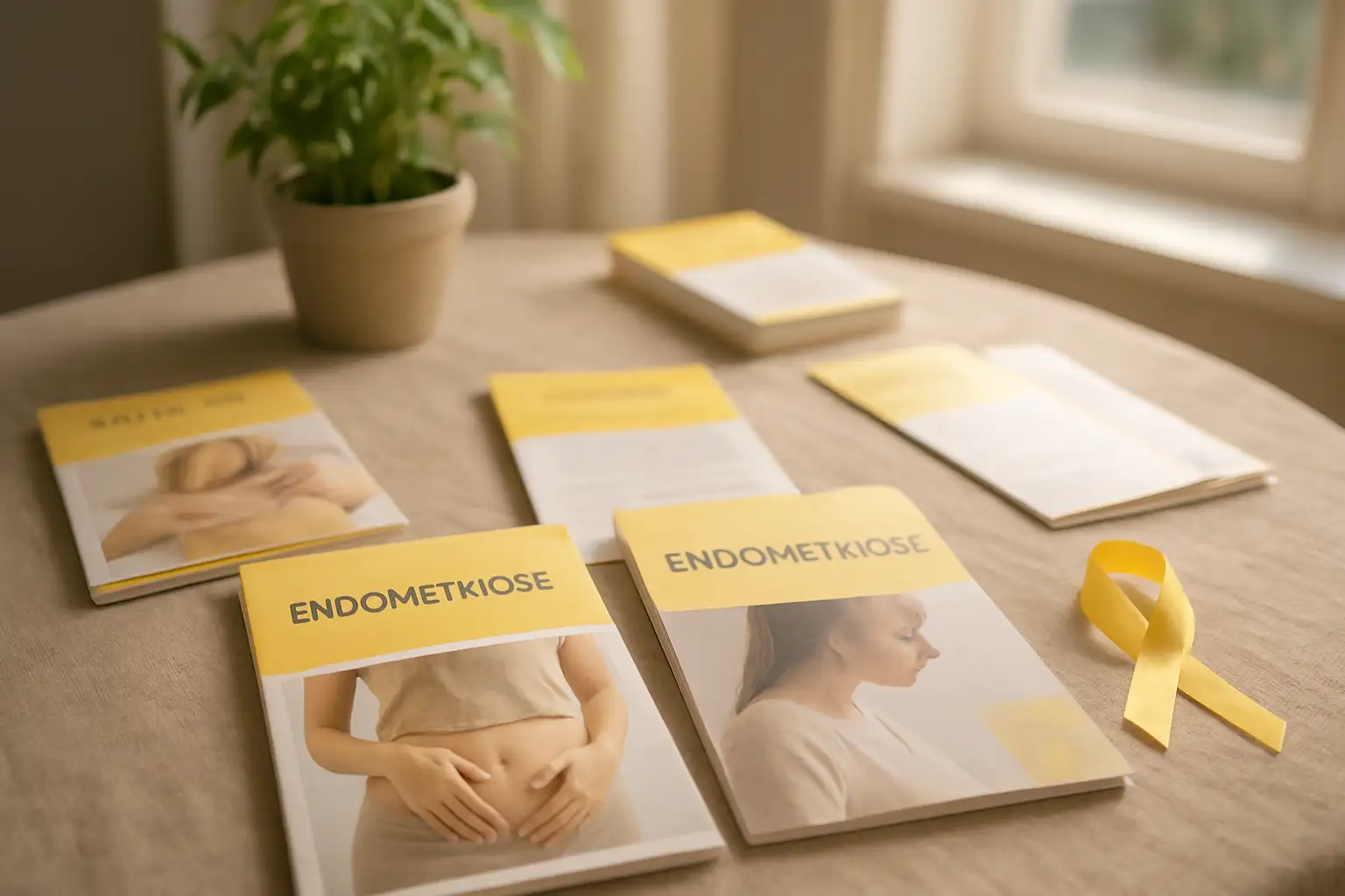 Stand associatif sur l’endométriose avec brochures et ruban jaune