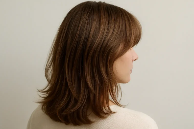 Frange rideau effilée sur cheveux mi-longs, séparée au centre et encadrant le visage