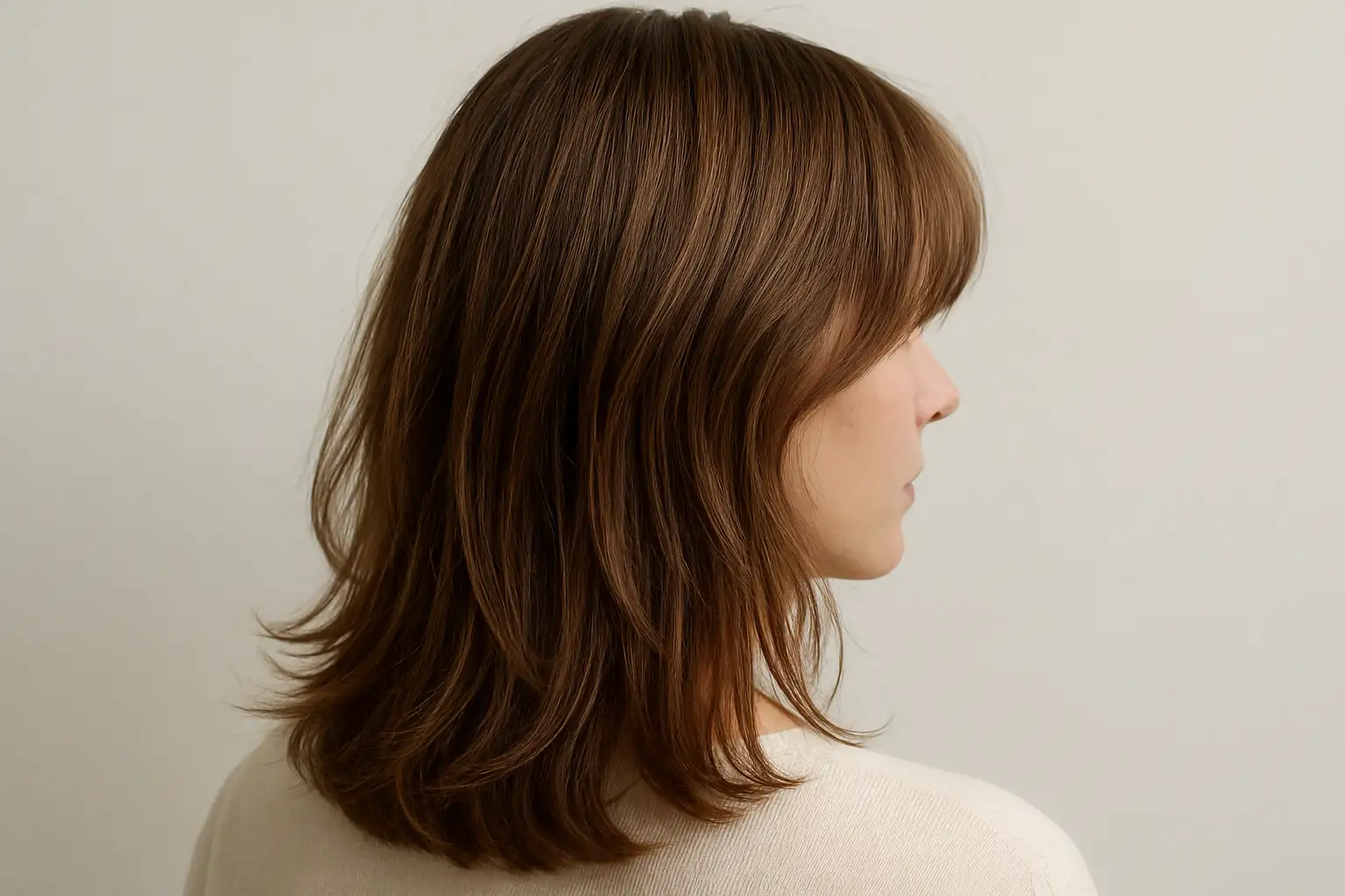 Frange rideau effilée sur cheveux mi-longs, séparée au centre et encadrant le visage