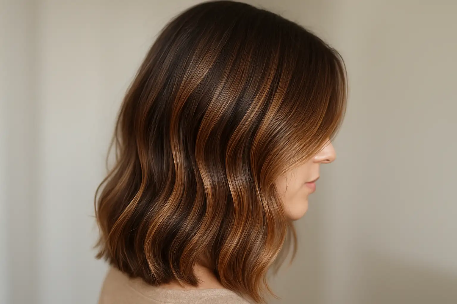 Cheveux mi-longs châtain clair avec mèches caramel et reflets chauds naturels