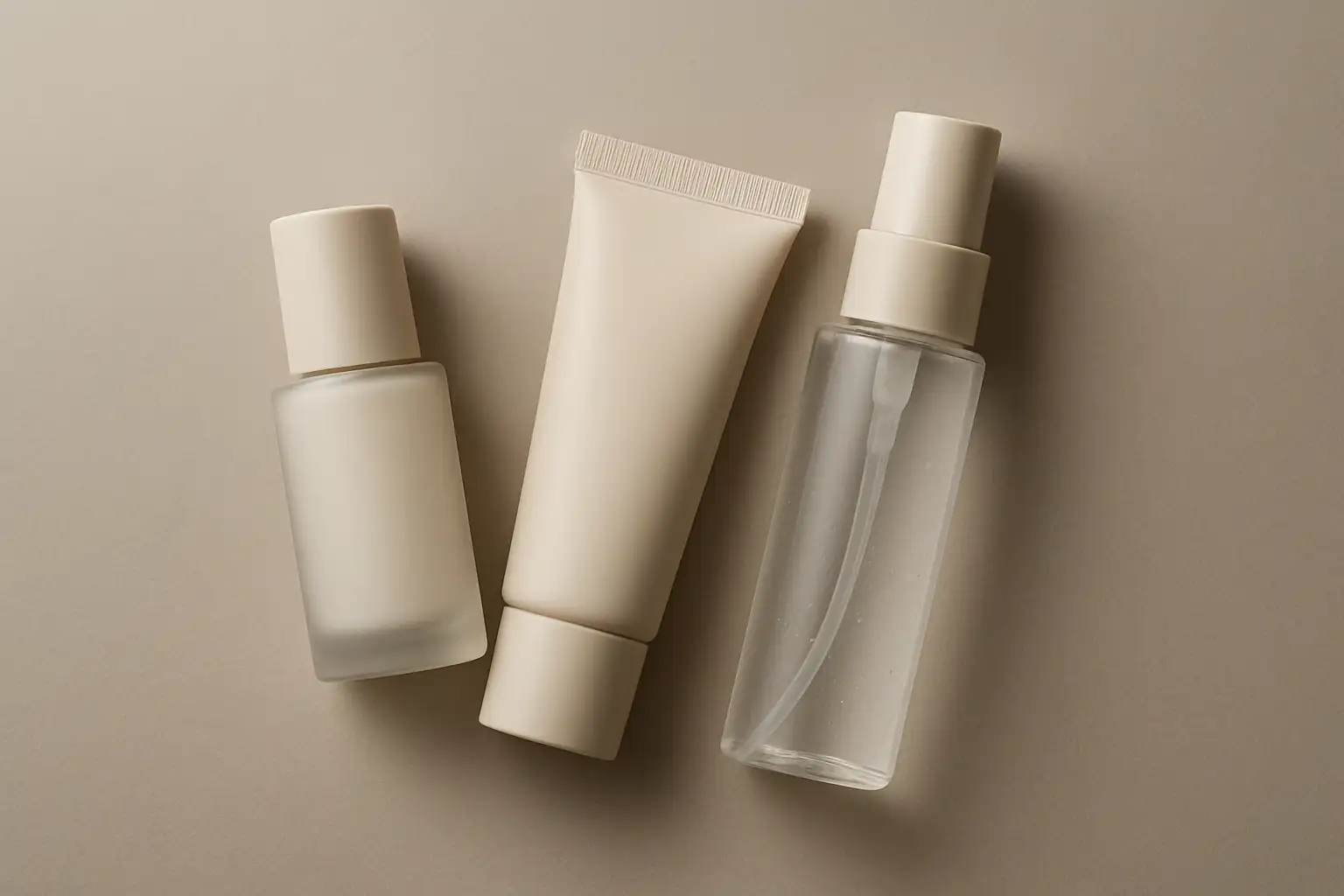 Trois produits de maquillage ONE/SIZE posés sur un fond neutre, avec un primer, un tube et un spray fixateur.