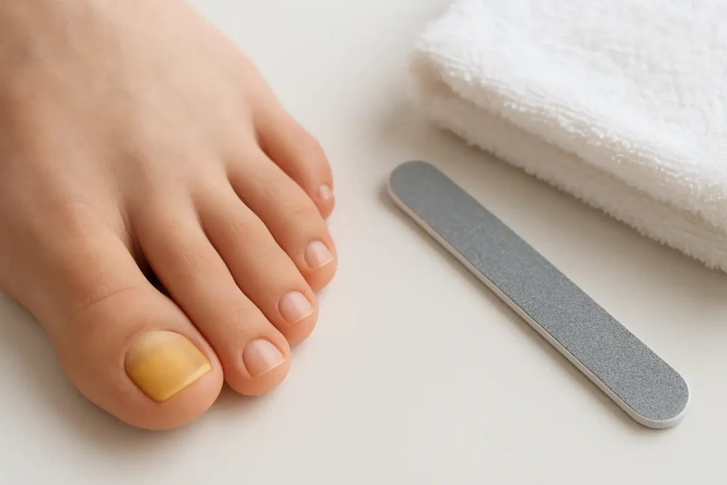 Gros plan d’un pied avec un ongle de gros orteil jaunâtre, accompagné d’une lime à ongles et d’une serviette propre.