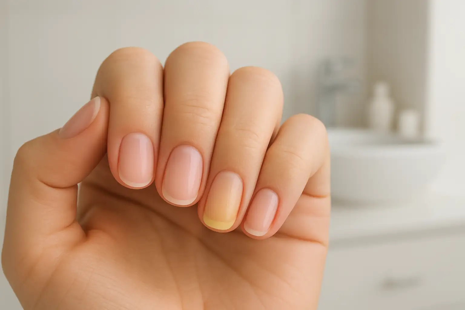 Ongles naturels avec jaunissement visible sur quelques ongles