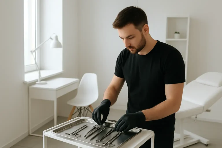 Studio de piercing professionnel avec matériel stérile pour un piercing intime