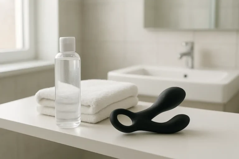 Masseur de prostate, lubrifiant et serviette dans une salle de bain propre