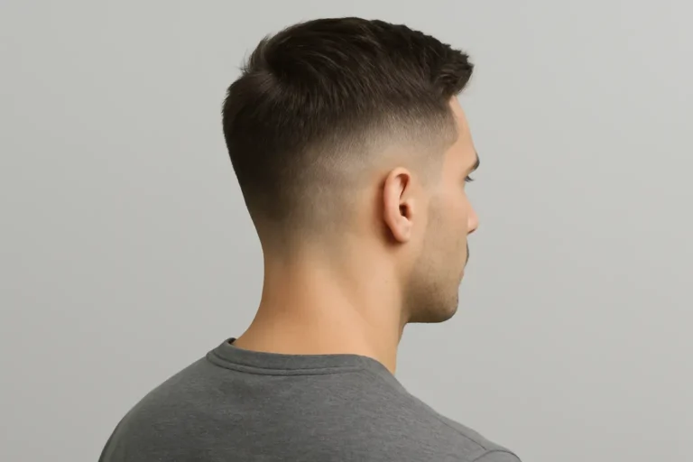 Homme vu de trois quarts arrière avec une coupe taper sur cheveux courts et une transition nette sur les côtés.