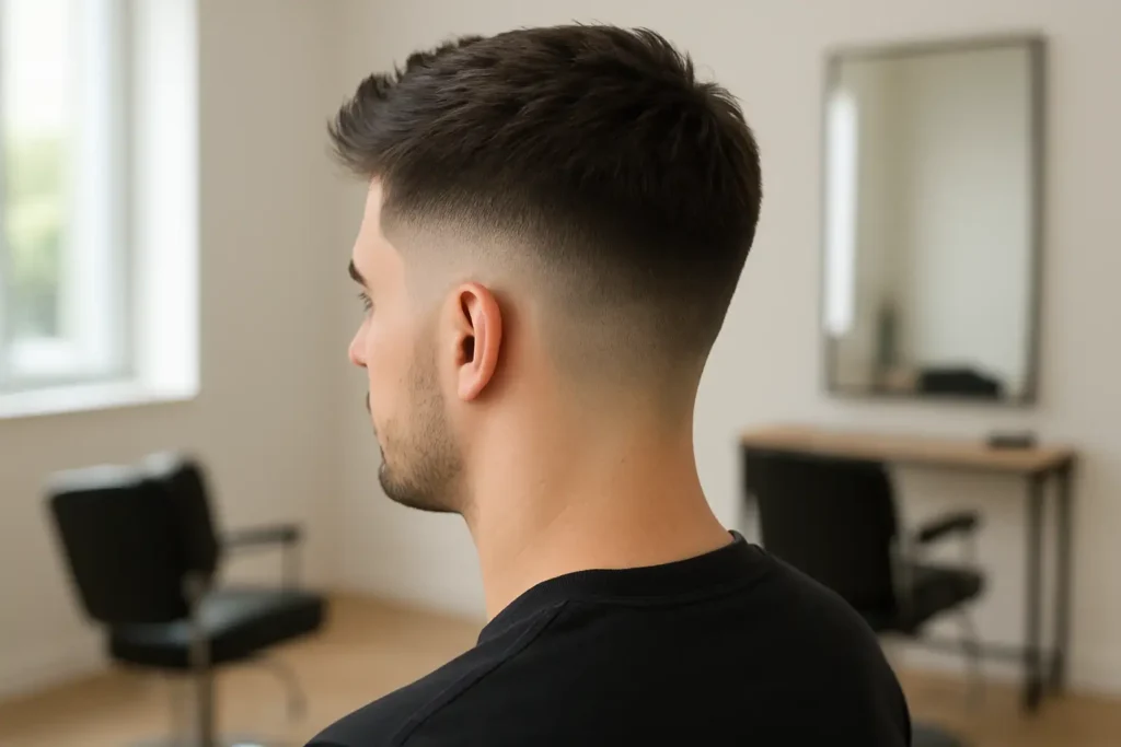 Homme avec une coupe taper sur cheveux mi-longs et dégradé progressif sur les contours