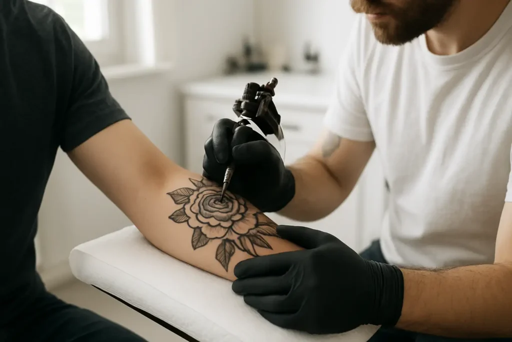 Tatouage sur l’avant-bras dans un studio propre et lumineux