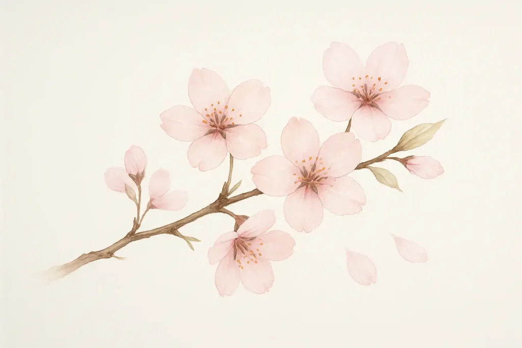 Branche de fleurs de cerisier en aquarelle sur fond neutre, avec pétales tombants