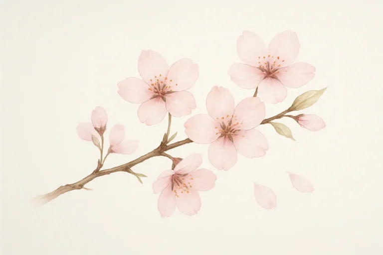 Branche de fleurs de cerisier en aquarelle sur fond neutre, avec pétales tombants