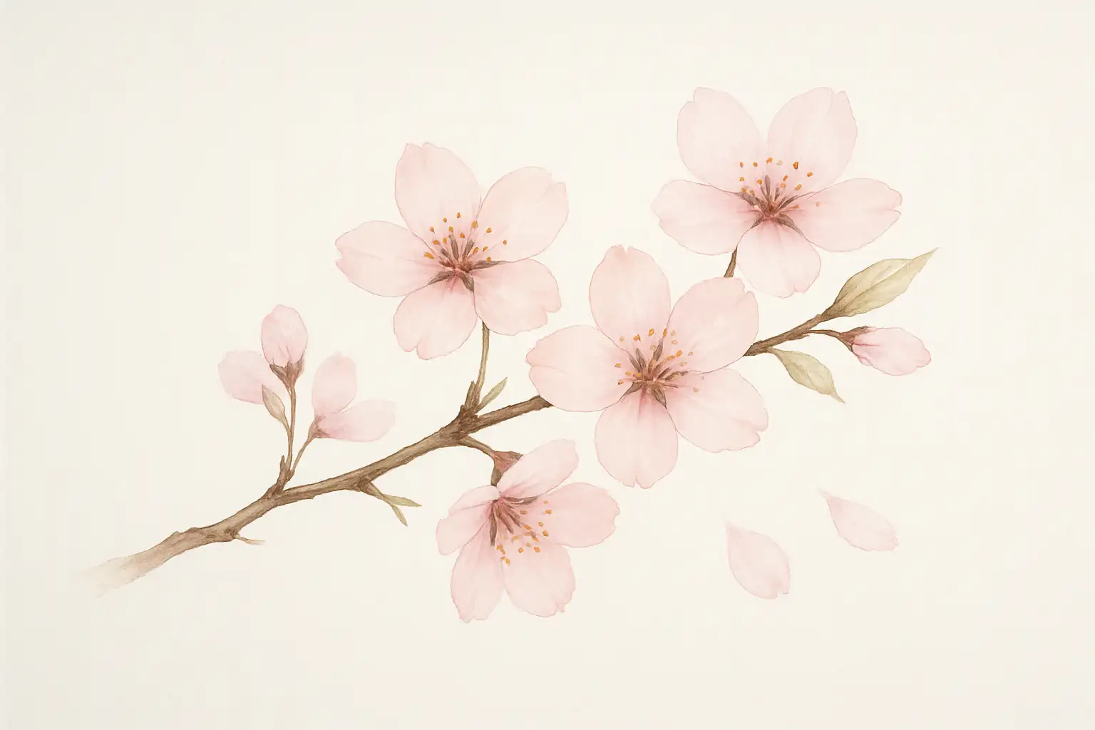 Branche de fleurs de cerisier en aquarelle sur fond neutre, avec pétales tombants