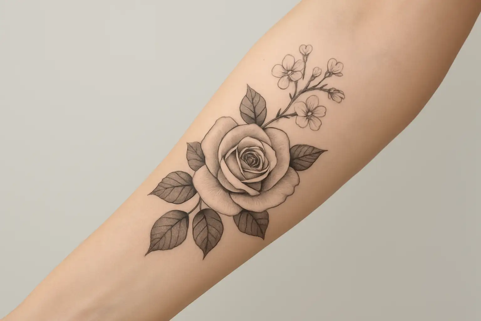 Tatouage floral en noir et gris avec une rose et des fleurs de cerisier sur l’avant-bras